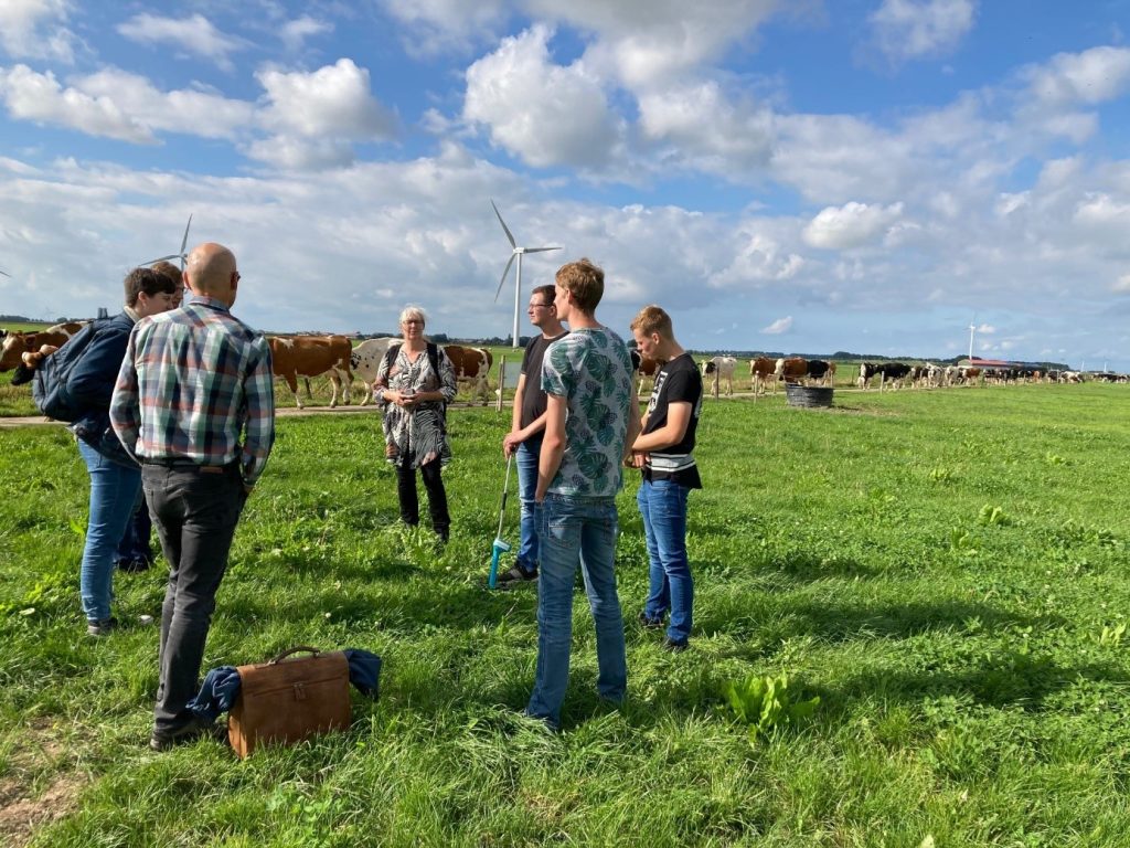 Studenten ICT en studenten veehouderij ontwikkelen in de wei bij de koeien